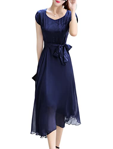 E-girl Dunkelblau Seide Damen Kleid Kurzarm Bindegürtel Elegant Seidenkleid Rundhals Midi Freizeitkleid Einfaches A-Linie Sommerkleid,44,E68096 von E-girl