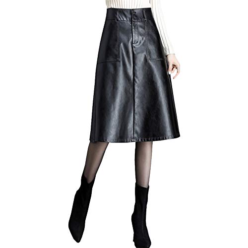 E-girl E6513 Damen Kunstleder Rock A-Linie Midi Leder Rock,Schwarz,2XL von E-girl