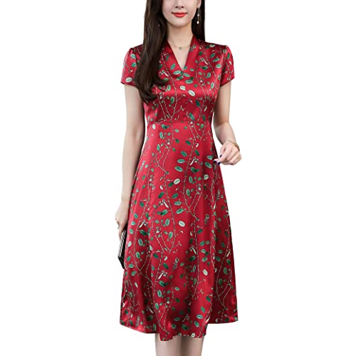 E-girl Rot Seide Damen Kleid Kurzarm Schlankes Elegant Seidenkleid V-Ausschnitt Midi Freizeitkleid Bedrucktes A-Linie Sommerkleid,40,E8902 von E-girl