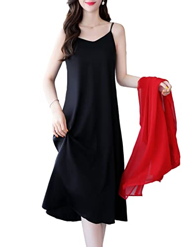 E-girl Schwarz Seide Damen Kleid Ohne Arm Schlankes Elegant Seidenkleid V-Ausschnitt Midi Freizeitkleid Einfaches A-Linie Sommerkleid,40,E2235 von E-girl