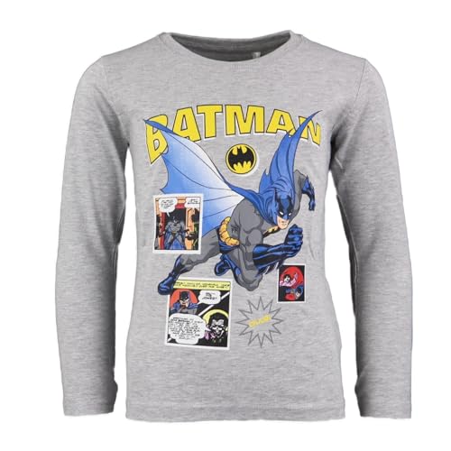 Batman Jungen Langarmshirt – Kinder Shirt mit Comic-Motiv – Größen 104–134 – Baumwolle – Schwarz oder Grau, Farbe: Grau, Bekleidungsgröße: 104 von E plus M