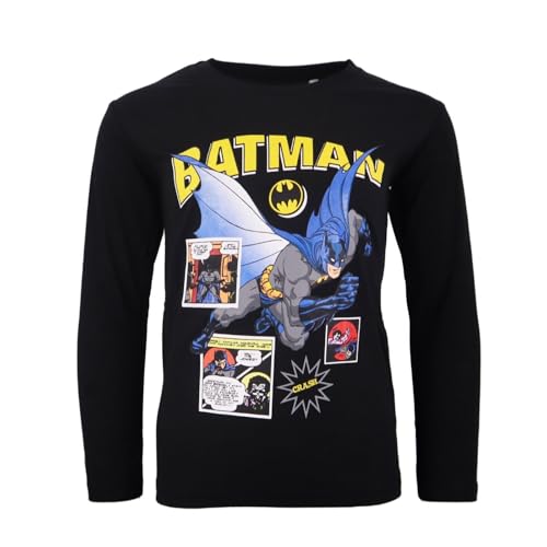 Batman Jungen Langarmshirt – Kinder Shirt mit Comic-Motiv – Größen 104–134 – Baumwolle – Schwarz oder Grau, Farbe: Schwarz, Bekleidungsgröße: 128 von E plus M