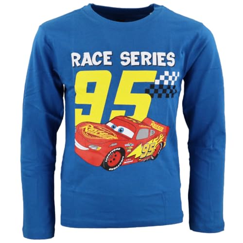 Disney Cars Langarmshirt für Jungen – Lightning McQueen „Race Series 95“ – T-Shirt mit Langen Ärmeln – 100 % Baumwolle – Größen 98–128 – Rot oder Blau, Farbe: Blau, Bekleidungsgröße: 128 von E plus M