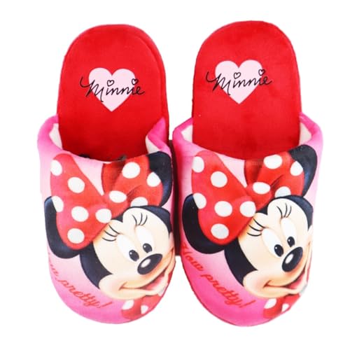 Disney Minnie Maus Mädchen Hausschuhe – Slipper in Rot oder Lila – Größen 28-35 – Weiches Polyester – Rutschfeste Sohle, Farbe: Rot, Größe der Schuhe: 28/29 von E plus M