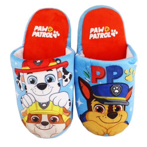 E plus M Paw Patrol Kinder Hausschuhe – Jungen Slipper mit Chase & Rubble – Größen 26-33 – Weiches Polyester – Rutschfeste Sohle – Blau/Rot, Farbe: Bunt, Größe der Schuhe: 30/31 von E plus M
