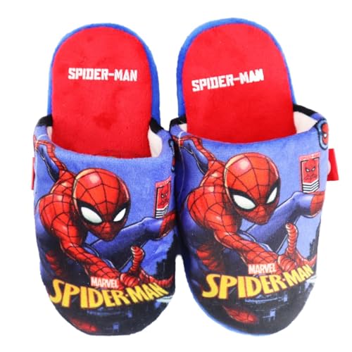 E plus M Spider-Man Kinder Hausschuhe – Jungen Slipper Pantoffeln – Größen 28-35 – 100% Polyester – Rutschfeste Sohle – Blau/Rot, Größe der Schuhe: 30/31 von E plus M
