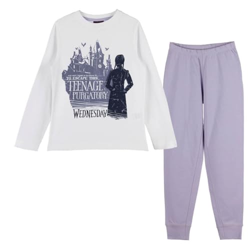 E plus M Wednesday Kinder Pyjama – Langarm Schlafanzug für Mädchen – mit Motivdruck – 100 % Baumwolle – Größen 110–152 – Schwarz oder Weiß, Farbe: Weiß, Bekleidungsgröße: 122/128 von E plus M