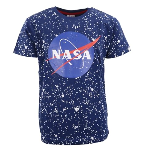 NASA T-Shirt für Kinder – Weltraum-Design mit Logo-Print – 100% Baumwolle – Kurzarm – Weiß oder Dunkelblau, Farbe: Blau, Bekleidungsgröße: 134/140 von E plus M