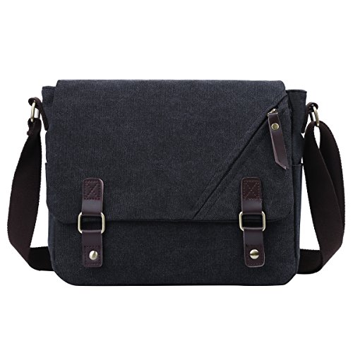 Eshow schwarz Umhängetasche Schultertasche Messenger Bag Damen & Herren für 14 Zoll Laptop klein Leinwand Canvas Vintage Retro mit Handyfach zum Arbeit Freizeit von Eshow