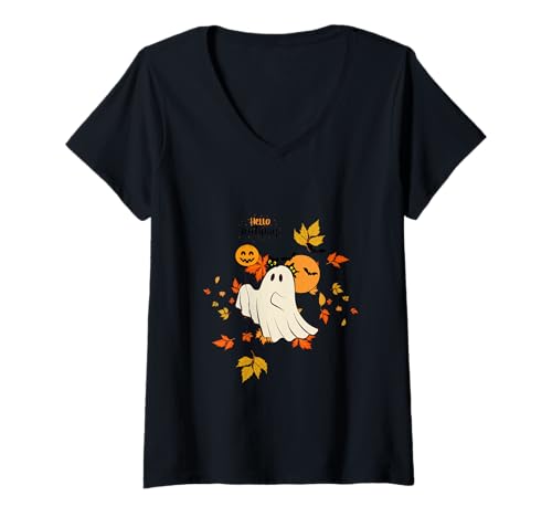 Damen Ghost Hello Autumn – Herbst, Halloween, Geister T-Shirt mit V-Ausschnitt Damen Ghost Hello Autumn – Herbst, Halloween, Geister T-Shirt mit V-Ausschnitt von E&A Retro Characters
