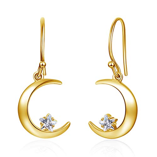 E 925 Sterling Silber Moon Star Dangle Ohrringe für Frauen, Hypoallergene Frauen Silber Tropfen Ohrringe mit AAA Star Zirkonia (18 Karat vergoldete) von E
