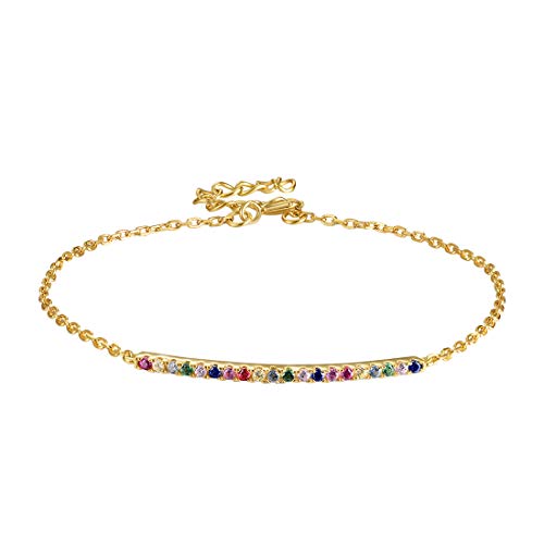 E Jewelry 925 Sterling Silber Rainbow Armbänder für Damen, 14 Karat vergoldet mit Zirkonia Einfache Verstellbare Armband von E