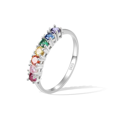 E 925 Sterling Silber Regenbogen Hochzeit Statement Ringe für Frauen, Buntes Versprechen Verlobungs Silber 925 Bandringe für Braut, Damen Ewigkeitsringe mit glänzendem Zirkonia, Größe 52 von E