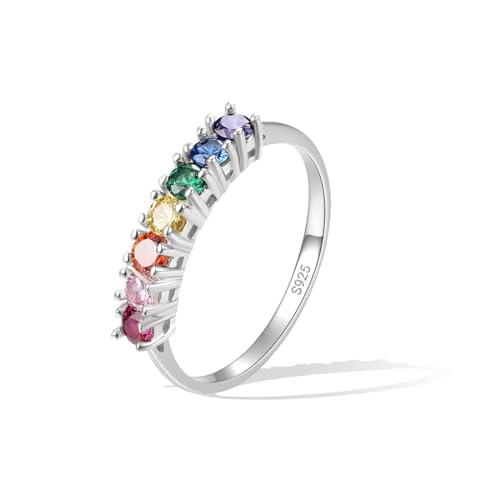 E Jewelry 925 Sterling Silber Regenbogen Ringe für Frauen, Buntes Versprechen Verlobungs Silber 925 Damen Ring, Damen Ewigkeitsringe mit glänzendem Zirkonia Rhodinierter Regenbogenring von E
