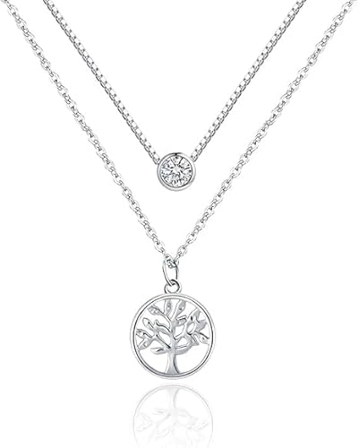 E Jewelry Damen Lebensbaum Halskette 925 Sterling Silber Baum des Lebens Damen Kette Doppel 16" Halskette mit Runden Anhänger 40CM von E