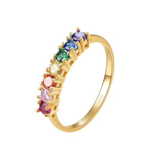 E Rainbow Anniversary Eternity Ring für Frauen, Trauringe, 925er Sterling Silber, 14 Karat vergoldet, AAA-Zirkonia (Quadrat, 52 (16.6)) von E