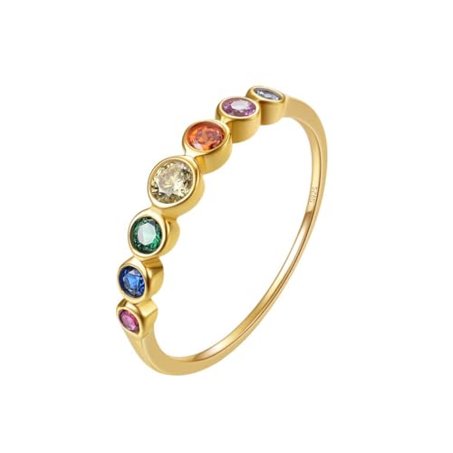 E Rainbow Anniversary Eternity Ring für Frauen, Trauringe, 925er Sterling Silber, 14 Karat vergoldet, AAA-Zirkonia (Runden, 52 (16.5)) von E