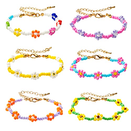 6 teiliges Blumen Perlen Armband Set farbige Indie Perlen Blumen Charm Armbänder Fußkettchen Vsco Boho Strand Sommer geflochtene Schnur Y2K Ästhetik Kidcore Schmuck Geburtstagsgeschenk von E1mity