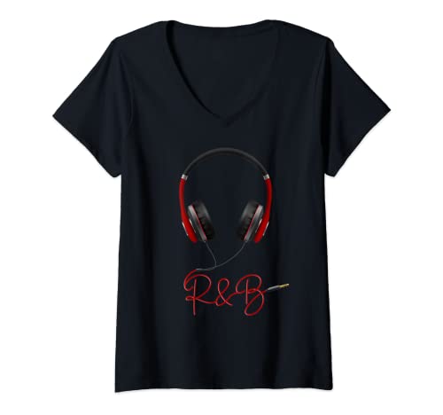 Damen Musik rote Kopfhörer-Symbol Soul R&B Music T-Shirt mit V-Ausschnitt Damen Musik rote Kopfhörer-Symbol Soul R&B Music T-Shirt mit V-Ausschnitt von E3Music Gifty