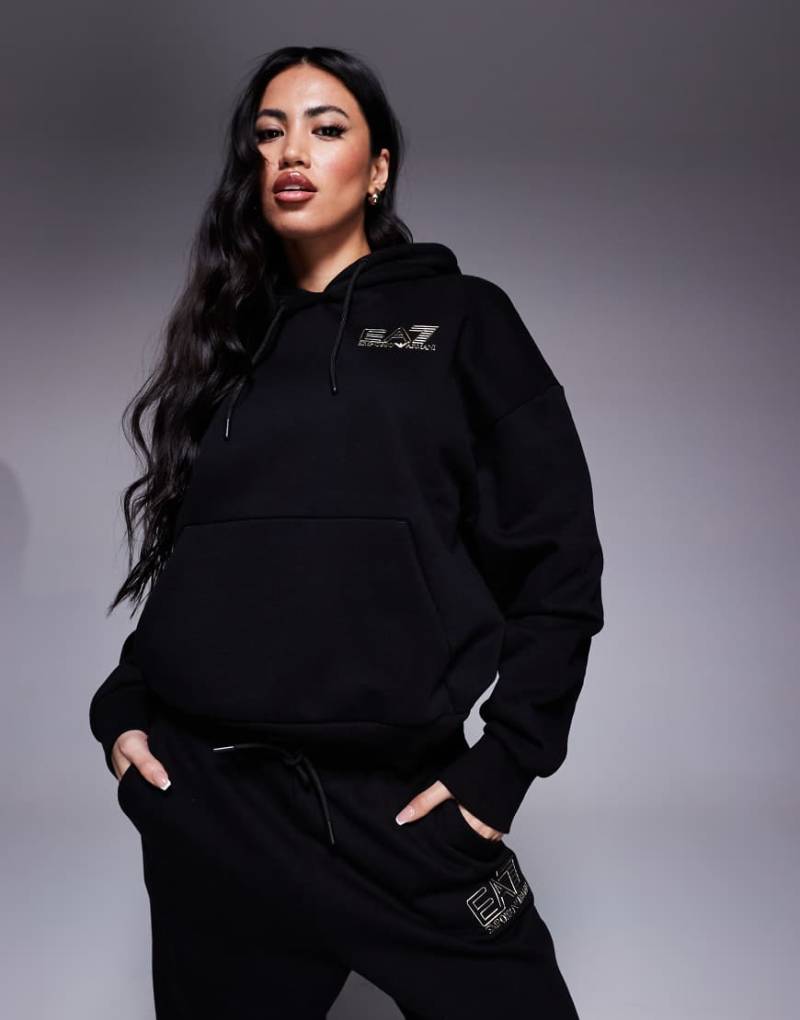 Armani - EA7 - Kapuzenpullover in Schwarz mit goldfarbenem Logo, Kombiteil von EA7