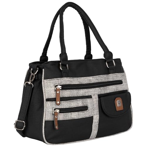 EAAKIE Damen Tasche, Schultertasche, Handtasche, Umhängetasche mit Leder Optik und vielen Fächern (BLACK-GREY) von EAAKIE