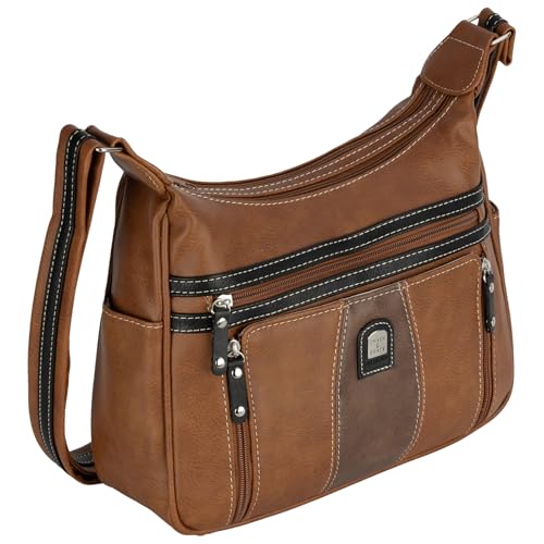 EAAKIE Damen Tasche, Schultertasche, Handtasche, Umhängetasche mit Leder Optik und vielen Fächern (COGNAC-BRAUN) von EAAKIE