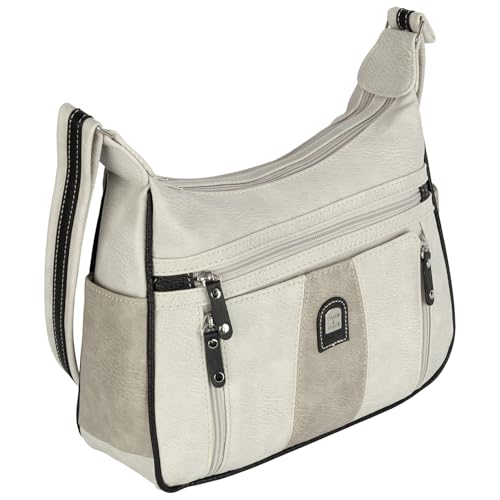 EAAKIE Damen Tasche, Schultertasche, Handtasche, Umhängetasche mit Leder Optik und vielen Fächern (HELLGRAU-GRAU) von EAAKIE