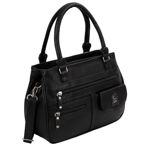 EAAKIE Damen Tasche, Schultertasche, Handtasche, Umhängetasche mit Leder Optik und vielen Fächern (SCHWARZ) von EAAKIE