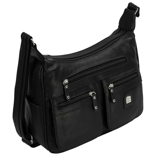 EAAKIE Damen Tasche, Schultertasche, Handtasche, Umhängetasche mit Leder Optik und vielen Fächern (SCHWARZ) von EAAKIE