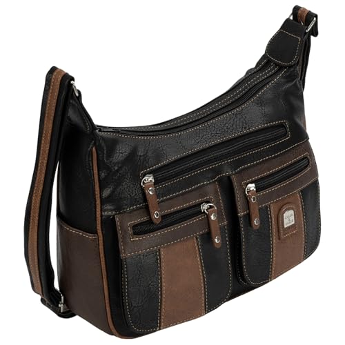 EAAKIE Damen Tasche, Schultertasche, Handtasche, Umhängetasche mit Leder Optik und vielen Fächern (SCHWARZ-BRAUN) von EAAKIE