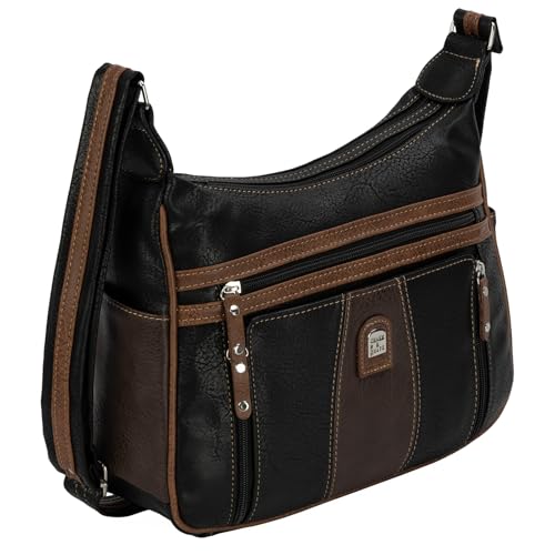 EAAKIE Damen Tasche, Schultertasche, Handtasche, Umhängetasche mit Leder Optik und vielen Fächern (SCHWARZ-BRAUN) von EAAKIE