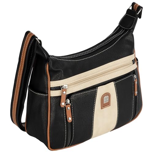 EAAKIE Damen Tasche, Schultertasche, Handtasche, Umhängetasche mit Leder Optik und vielen Fächern (SCHWARZ-CREAM) von EAAKIE