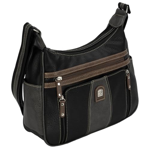 EAAKIE Damen Tasche, Schultertasche, Handtasche, Umhängetasche mit Leder Optik und vielen Fächern (SCHWARZ-GRAU) von EAAKIE