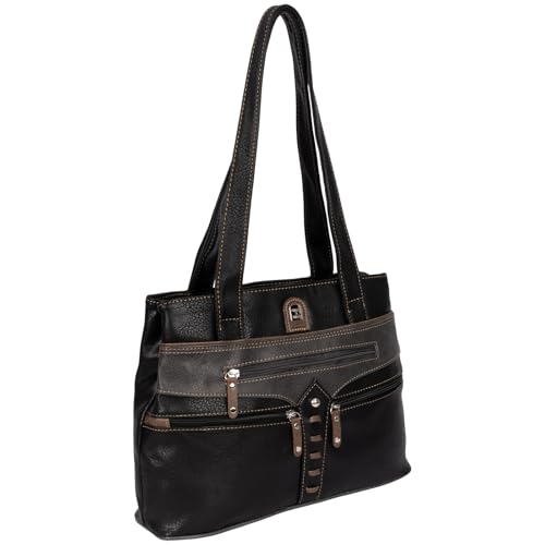 EAAKIE Damen Tasche, Schultertasche, Handtasche, Umhängetasche mit Leder Optik und vielen Fächern (SCHWARZ-GRAU) von EAAKIE