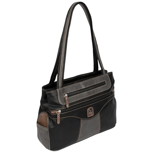 EAAKIE Damen Tasche, Schultertasche, Handtasche, Umhängetasche mit Leder Optik und vielen Fächern (SCHWARZ-GRAU) von EAAKIE