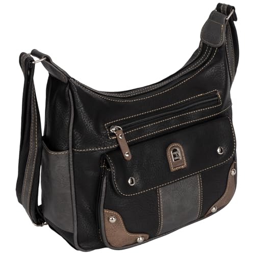 EAAKIE Damen Tasche, Schultertasche, Handtasche, Umhängetasche mit Leder Optik und vielen Fächern (SCHWARZ-GRAU) von EAAKIE