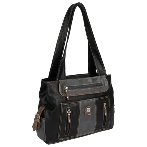 EAAKIE Damen Tasche, Schultertasche, Handtasche, Umhängetasche mit Leder Optik und vielen Fächern (SCHWARZ-GRAU) von EAAKIE