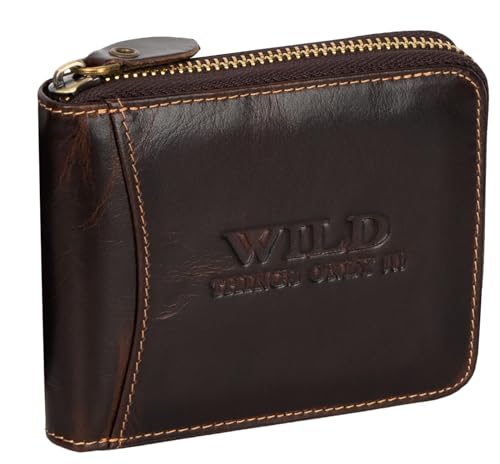 EAAKIE RFID Schutz echt Leder Herren Portemonnaie Geldbörse Geldbeutel Herrengeldbörse Querformat 8 Karten (Braun Querformat mit Reißverschluss) von EAAKIE