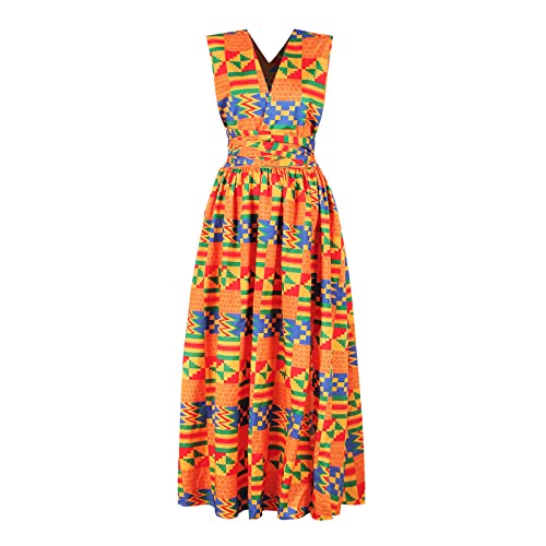 EACH WOMEN Afrikanisches Maxikleid mit afrikanischem Aufdruck, böhmisches V-Ausschnitt, Partykleid, hohe Taille, Dashiki, traditionelles Mehrweg-Kostüm von EACH WOMEN