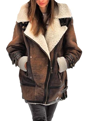 EACH WOMEN Damen-Wildledermantel in Übergröße Damen-Winterpelz gefütterte Reversjacke Fleece-Kragen Sherpa-Jacke Outwear von each women