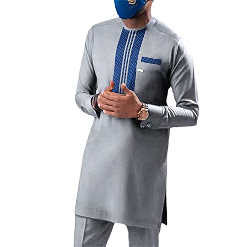 EACH WOMEN Herren afrikanisches langes Hemd Herren Grau traditionelles Dashiki Lässiges Kaftan Top Slim Fit Langarm Ankara Hemden Bluse von each women