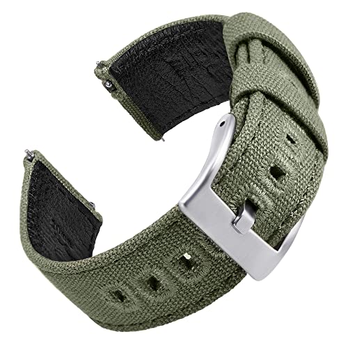 EACHE Uhrenarmband 20mm, Segeltuch und Leder Hybrid Uhrenarmbänder für Herren, Armband für Uhr mit Schnellverschluss (Armeegrün-Silber-Schnalle) von EACHE