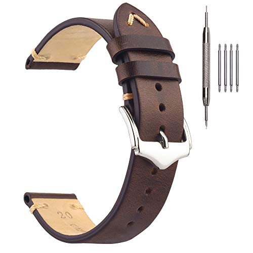 EACHE Uhrenarmband 22mm, Vintage Uhrenarmband Leder Crazy Horse & Öl Wachs Leder Uhrenarmbänder für Herren/Damen (Öl Dunkelbraun) von EACHE