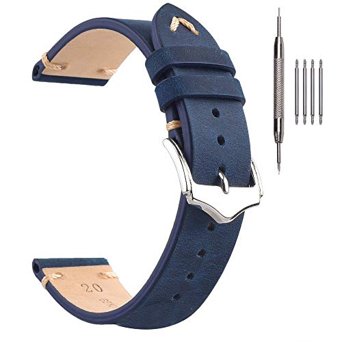 EACHE Uhrenarmband 18mm, Vintage Uhrenarmband Leder Crazy Horse & Öl Wachs Leder Uhrenarmbänder für Herren/Damen (Crazy Horse Blau) von EACHE