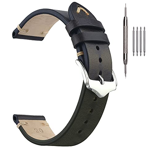 EACHE Uhrenarmband 20mm, Vintage Uhrenarmband Leder Crazy Horse & Öl Wachs Leder Uhrenarmbänder für Herren/Damen (Öl Schwarz) von EACHE