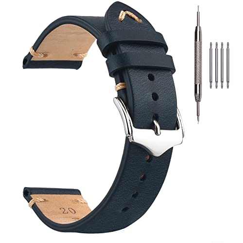 EACHE Uhrenarmband 20mm, Vintage Uhrenarmband Leder Crazy Horse & Öl Wachs Leder Uhrenarmbänder für Herren/Damen (Öl Blau) von EACHE