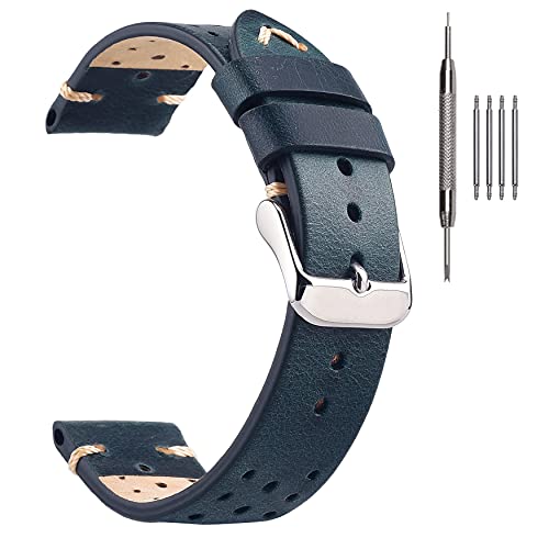 EACHE Rallye Stil Uhrenarmband 20mm, Uhrenarmband Leder Handgefertigtes Perforiertes, Uhrenarmbänder Für Herren (Ölwachs Blau-silberne Schnalle) von EACHE