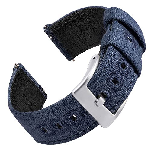 EACHE Uhrenarmband 22mm, Segeltuch und Leder Hybrid Uhrenarmbänder für Herren, Armband für Uhr mit Schnellverschluss (Marine Blau-Silber-Schnalle) von EACHE