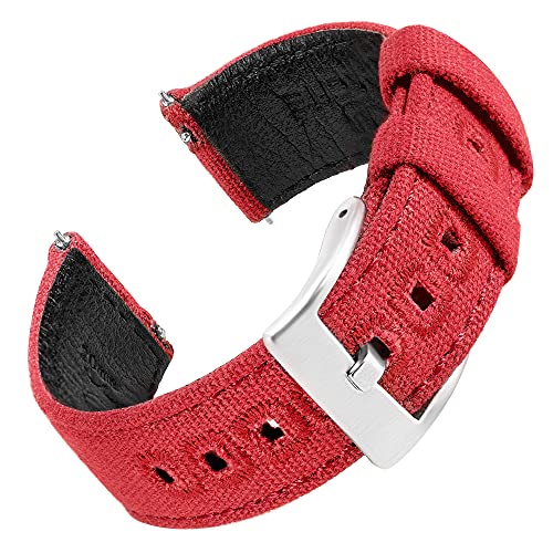 EACHE Uhrenarmband 22mm, Segeltuch und Leder Hybrid Uhrenarmbänder für Herren, Armband für Uhr mit Schnellverschluss (Rot-Silber Schnalle) von EACHE