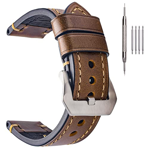 EACHE Vintage Herren Uhrenarmband Braunes 24mm Ersatz-Uhrenband Öl Wachs Classic Armband Leder Dunkelbraun von EACHE